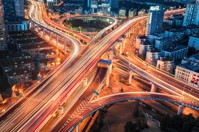 closeup of the modern city viaduct junction at night in shanghai 