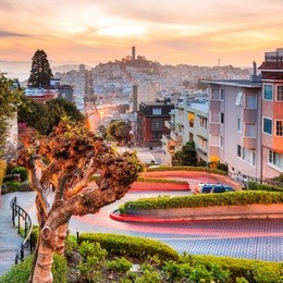famous lombard street in san francisco at sunrise