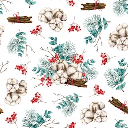 seamless pattern with watercolor cotton, cinnamon, branches, red berries. hand drawn illustration is isolated on white. winter ornament is perfect for christmas design, greeting card, fabric textile