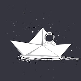 baby astronaut travel on paper boat in space.vector illustration.