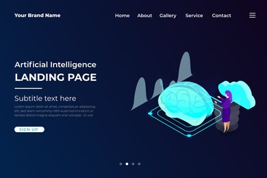 artificial intelligence dark neon light landing page isometric vector template. futuristic innovation &  website template for ai machine deep learning technology sci-fi concept.