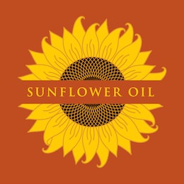 square vector banner or label for sunflower oil with a sunflower close-up and inscription on a brown background