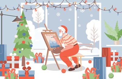 santa claus paint picture vector flat illustration. santa claus character drawing happy new year and merry christmas greeting card. new year interior design, decorated christmas tree and gifts.