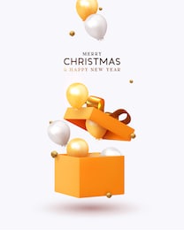 merry christmas and happy new year. xmas design realistic gifts box, falling helium balloons, 3d golden chocolate candies. holiday gift background. poster, banner, brochure, flyer. vector illustration
