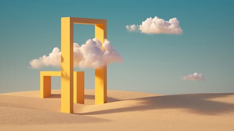 3d render, surreal desert landscape with white clouds going into the yellow square portals on sunny day. modern minimal abstract background