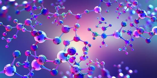 complex molecule 3d illustration. abstract molecular lattice, cellular structure. transparent purple elements with glossy effect. fresh, clean, technological, neon background