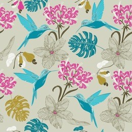 exotic hummingbird and tropical flowers