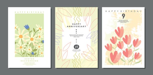 floral birthday, mothers day or anniversary cards templates. spring flowers cover backgrounds collection. vector document layouts with plants, leaves and flowers.