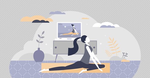 online yoga exercise with distant instructor training tiny person concept. body stretching activity example from video stream trainer vector illustration. home fitness program for healthy, fit female.