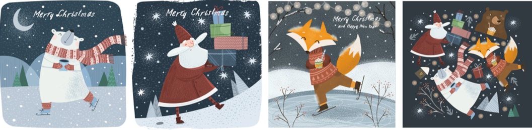 happy new year and merry christmas! vector cute illustrations of a cheerful santa claus with gifts in winter, a polar bear with cocoa in the forest, and an animal fox on skates. greeting cards