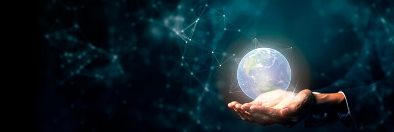 hand on digital technology cyber space smart world, futuristic smart digital solution internet of thing wireless technology.