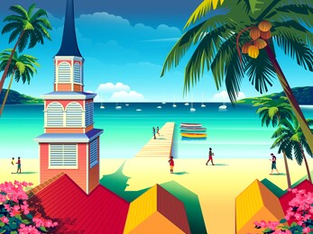 tropical island landscape with traditional houses, palm trees, yachts, flowers, islands and the sea in the background. handmade drawing vector illustration. retro style poster.