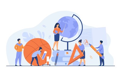 tiny teachers with educational tools and stationery isolated flat vector illustration. cartoon teachers of different disciplines as geography, math and physical culture. education and school concept