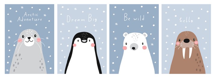 vector with cute arctic animals - polar bear, seal, penguin, walrus.  cartoon characters arctic and antarctic animals