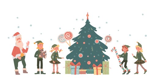 christmas background design with cute little elves childish characters and santa, flat vector illustration isolated on white background. backdrop layout for christmas and new year banners and posters.