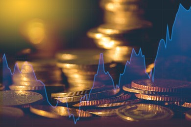 double exposure of finance graph , stationary and rows of coins for goal office , finance and business concept background and forex trading graph with economy trends business or finance background.