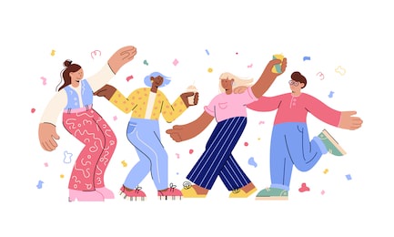 group of young happy dancers isolated on a white background. youth holiday, party, new year. flat design illustration. use in web projects and applications, user interface, ux, graphic and web 