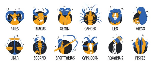 zodiac icons set. twelve close-up astrological signs with handwritten names. vector shabby hand drawn illustration