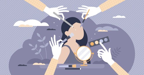 girl doing makeup with beauty eyes, skin and lips cosmetics tiny person concept. facial improvement products to be fake and attractive woman vector illustration. cosmetology stylist occupation scene.