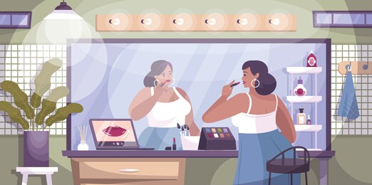 makeup lessons online flat composition with indoor scenery with laptop and female character putting on lipstick vector illustration