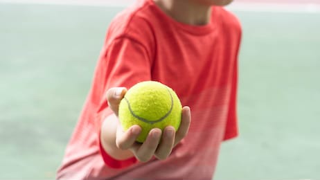 a child is holding a bright yellow tennis ball in the hand at the tennis court. the sport training for the young kid for the good fitness concept.