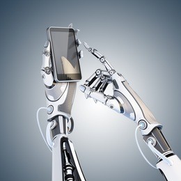 futuristic robot holding glossy smartphone with artifical hand and touching it by finger isolated on white background