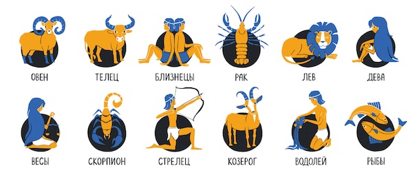 zodiac signs set original design. twelve astrological signs with handwritten names in russian. vector shabby hand drawn illustration