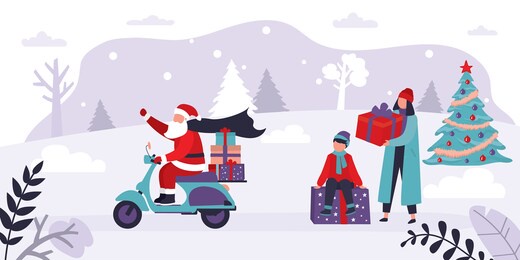 santa claus delivers gifts on motorbike. santa claus carrying presents for christmas and new year. happy people with presents. holiday celebration concept, horizontal banner. flat vector illustration