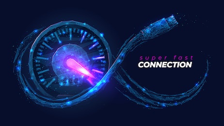 abstract low poly 3d network cable and speedometer in dark blue. super fast internet connection, speed test gauge concept. digital vector mesh wireframe with lines, dots, shapes and glowing particles