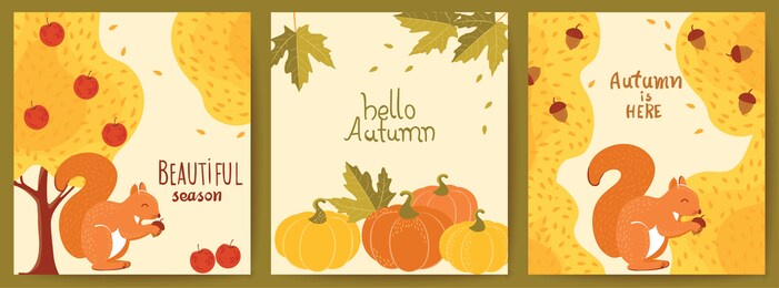 set of three autumnal cards. yellow trees, red apples, squirrels, pumpkins, maple leaves, acorns. hello beautiful season. realistic 3d mockup product placement. vector