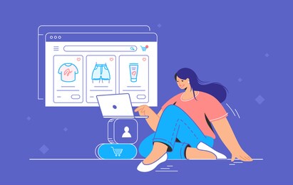 e-store and e-commerce website for shopping online. flat line vector illustration of cute woman sitting alone with laptop and shopping online. website window with goods in a cart on purple background