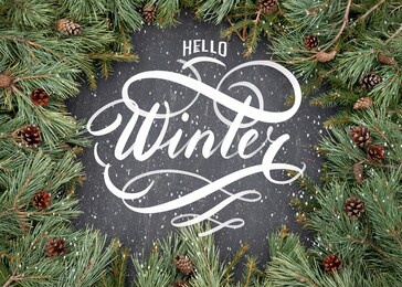hello winter hand lettering inscription. spruce branches and cones frame. great season texture with december and winter mood, traditional beverage for winter time. 