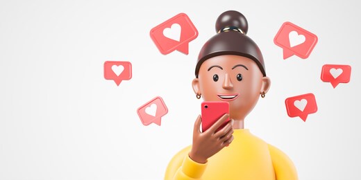cartoon black african american woman smile and hold red smartphone with like notifications flying around over white background. 3d render illustration