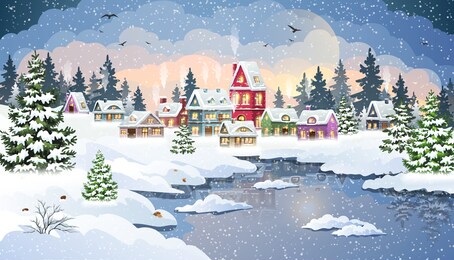 winter christmas landscape with snow-covered houses in a pine forest on the banks of a frozen river. christmas holidays vector illustration.