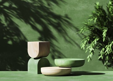 3d  wooden podium display with leaf shadow. copy space green background. cosmetics or beauty product promotion mockup.  natural stone step pedestal. trendy minimalist banner, 3d render illustration.