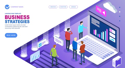 business strategies isometric concept of site, business people working together and developing a successful business strategy, vector illustration