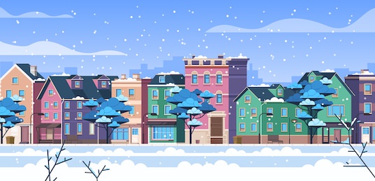 winter city town snowfall concept. vector flat cartoon graphic design illustration