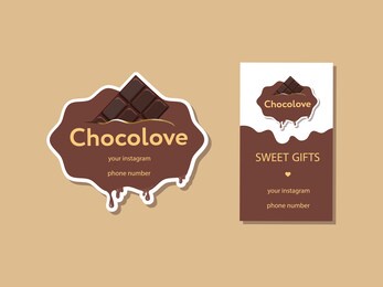 corporate identity for chocolate and sweets. sticker and business card in the same style. chocolate bar. vector illustration.