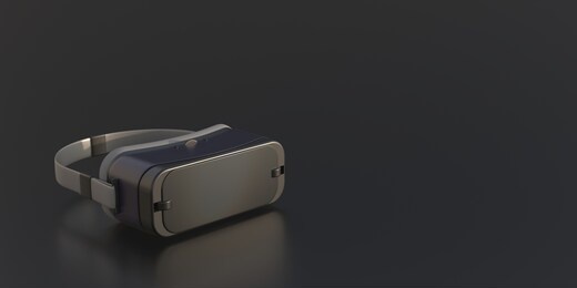 vr glasses, virtual reality headset black color on black background. gaming equipment, future technology device, banner, copy space. 3d illustration.