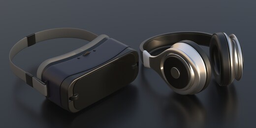 virtual reality headset. vr  glasses and headphones, on black background. gaming equipment, entertainment, future technology device. 3d illustration.