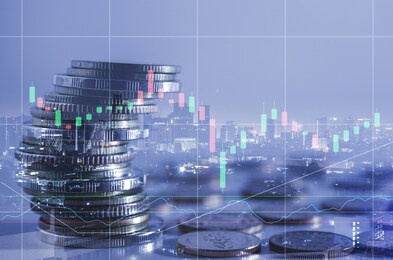double exposure of city with row of coin stack with growth stock chart and graph progress report for business investment finance banking and money saving concept.