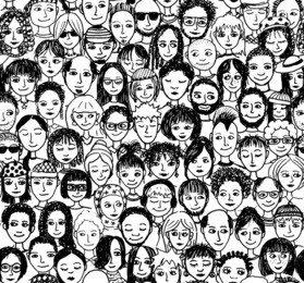 happy people - hand drawn seamless pattern of a crowd of many different people from diverse cultural backgrounds who are smiling and happy (there's an image with unhappy people in my portfolio too)
