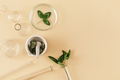 laboratory glassware with serum and oil on beige background. natural medicine, cosmetic research, bio science, organic skin care products. flat lay, top view, copy space.