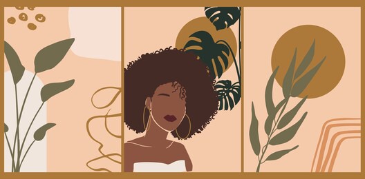 collection of abstract contemporary art set. hand drawn shapes, leaves, woman illustration for social media, posters, postcards, wall art print. 