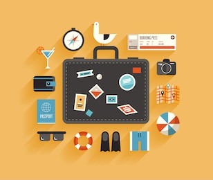 flat design style modern vector illustration icons set of planning a summer vacation, travelling on holiday journey, tourism and travel objects, passenger luggage. isolated on stylish color background