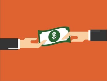 hand giving money to other hand.  concept vector illustration