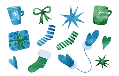 watercolor set of christmas elements. blue and green christmas socks, mugs, gifts, bows, hearts, stars and mittens. hand-drawn illustration. perfect for your project, cards, stickers, patterns, decor