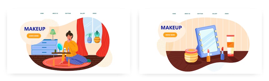 beautiful woman doing makeup at home concept vector illustration. table with a mirror for make up. red lipstick, makeup accessories, cosmetic products