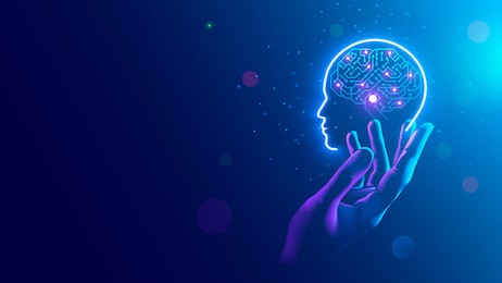 ai. electronic brain. neon silhouette of human head with artificial intelligence hanging over palm hand. cybernetic artificial neural network. electronic mind. neuronet, deep machine learning concept.