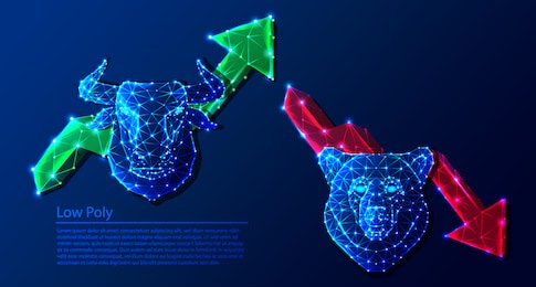 stock market trend, bull stock with bull head and bear head and arrow stroke weight editable. tech low poly polygonal background.